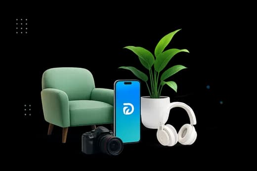 Dozaara products — armchair, camera, phone, and headphones